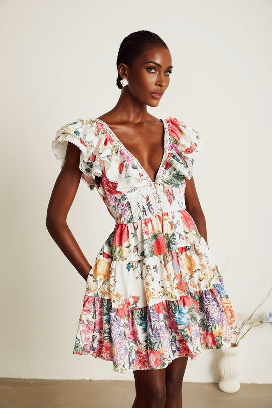 Beatrice White Floral Crystal Embellished Mini Dress V-Neck Ruffled Pleat Detailing Elasticated Waist Button Fastening