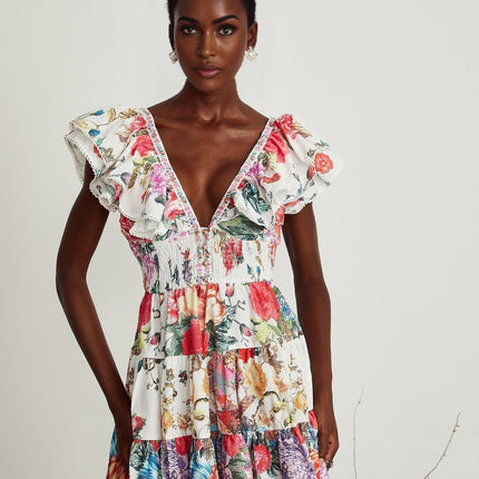 Beatrice White Floral Crystal Mini Dress V-neck Ruffled Pleat Detailing