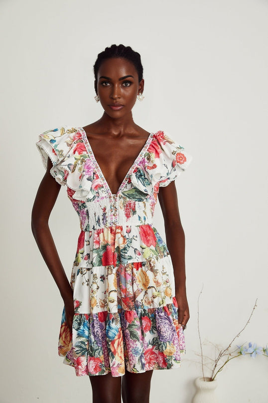 Beatrice White Floral Crystal Mini Dress V-neck Ruffled Pleat Detailing