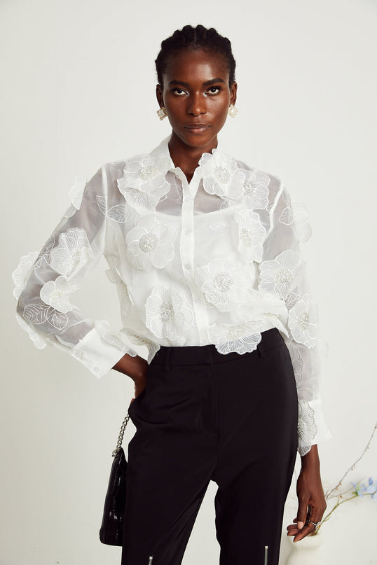 Béatrix white embellished semisheer shirt