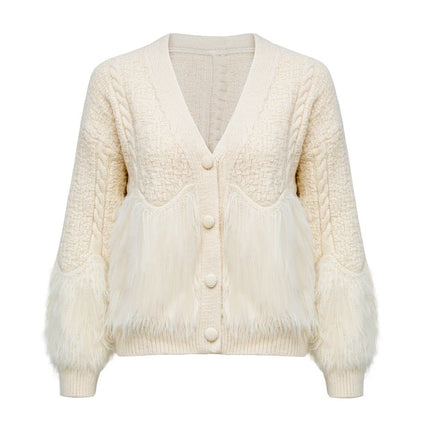 Beige cable knit sweater for women with island fur trimming V-neck collar solid pattern polyester cotton blend 500 grams fabric weight