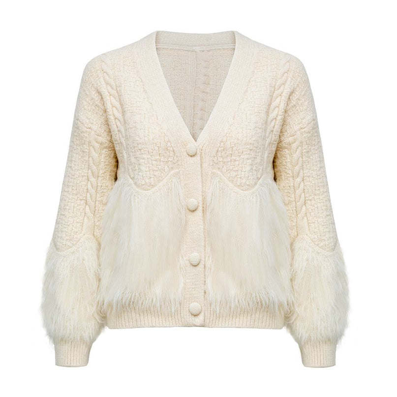 Beige cable knit sweater for women with island fur trimming V-neck collar solid pattern polyester cotton blend 500 grams fabric weight