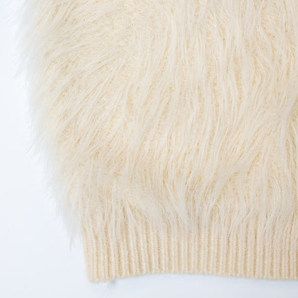 Beige cable knit sweater for women with island fur trimming V-neck collar solid pattern polyester cotton blend 500 grams
