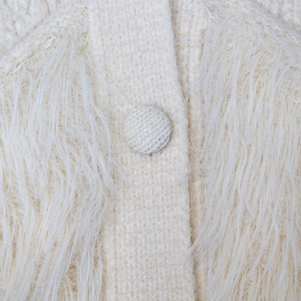 Beige cable knit sweater for women with island fur trimming V-neck collar solid pattern polyester cotton blend 500 grams fabric weight