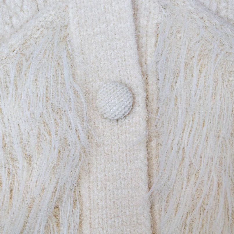 Beige cable knit sweater for women with island fur trimming V-neck collar solid pattern polyester cotton blend 500 grams fabric weight