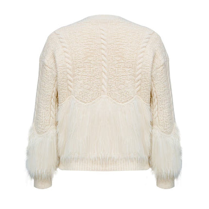Beige cable knit sweater for women with island fur trimming V-neck collar polyester cotton blend 500 grams