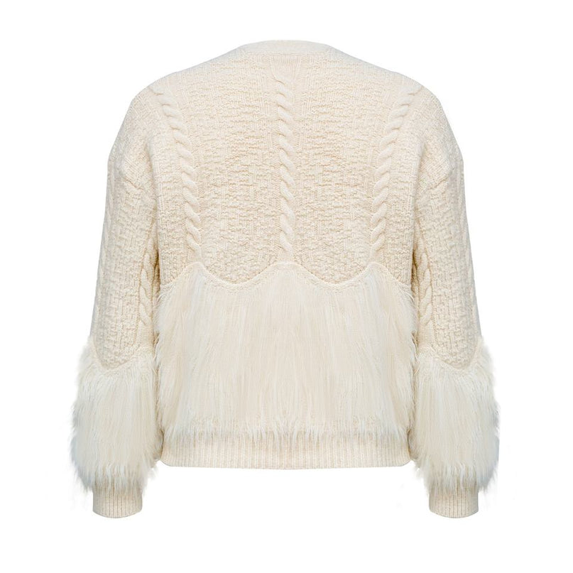 Beige cable knit sweater for women with island fur trimming V-neck collar polyester cotton blend 500 grams