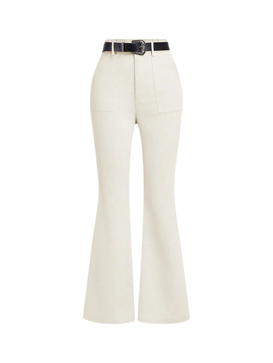 Beige Color Vintage Style Womens Flared Western Trousers With Leather Belt Boho Flare Leggings