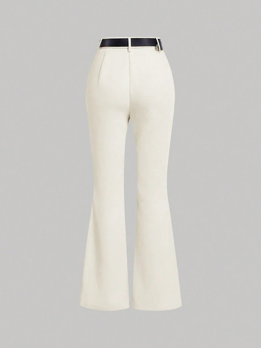 Beige Color Vintage Style Womens Flared Western Trousers With Leather Belt Boho Flare Leggings