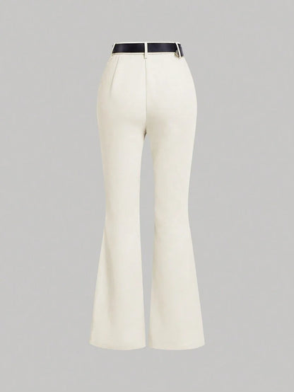 Beige Color Vintage Style Womens Flared Western Trousers With Leather Belt Boho Flare Leggings