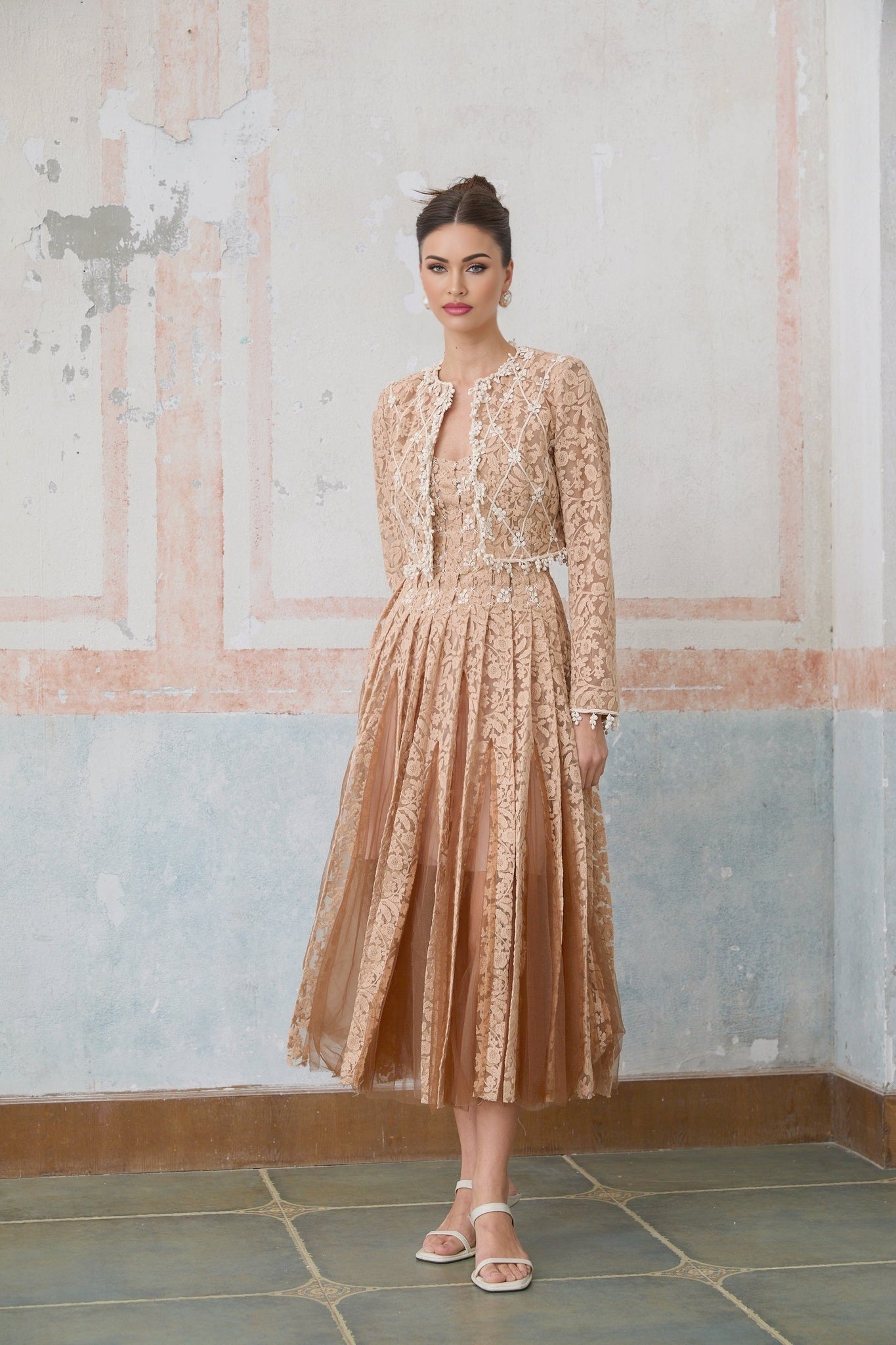 Beige crochet lace cardigan and matching dress set Axelle neutrals collection