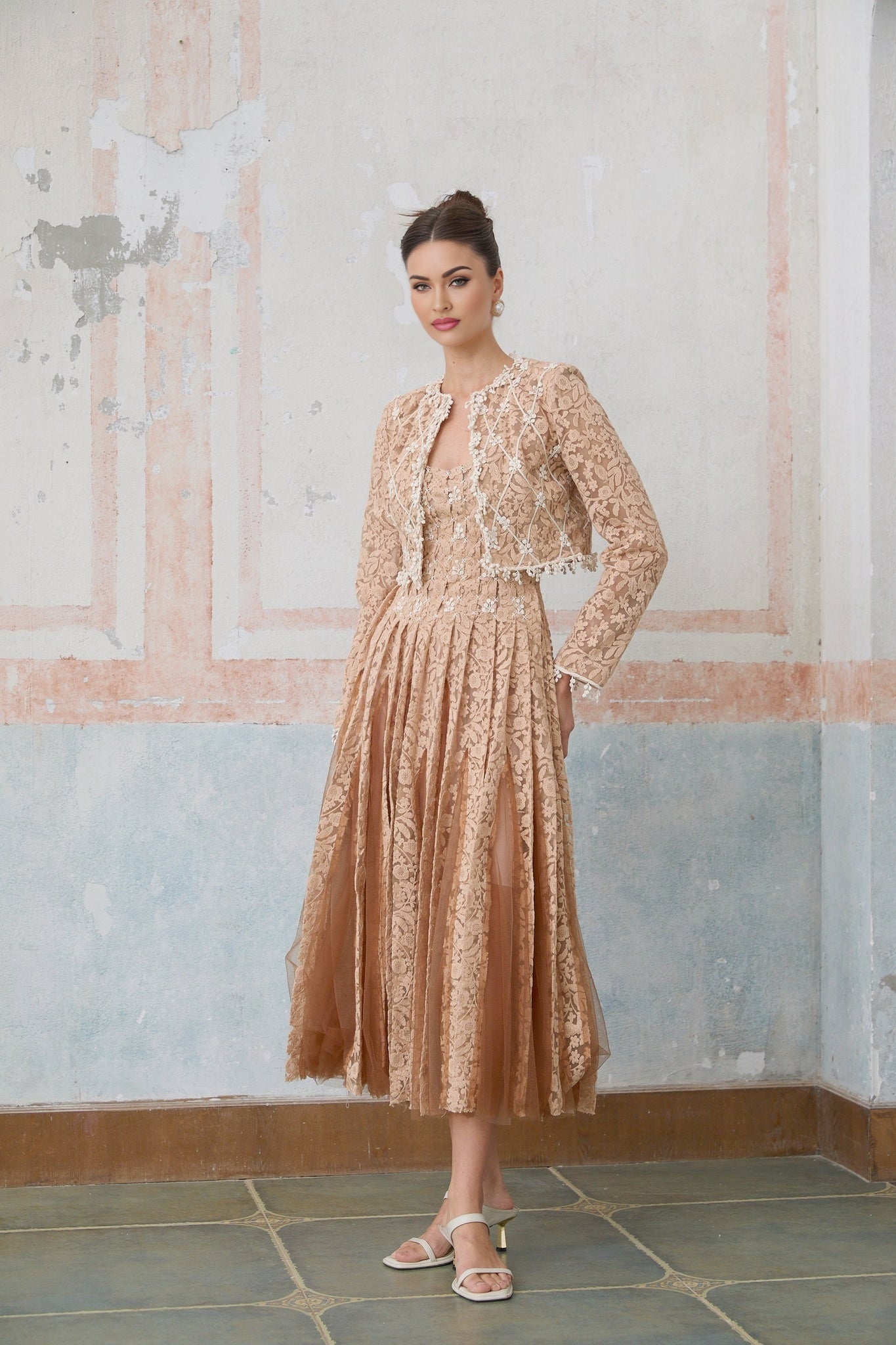 Beige crochet lace cardigan and matching dress set featuring delicate patterns and neutral tones