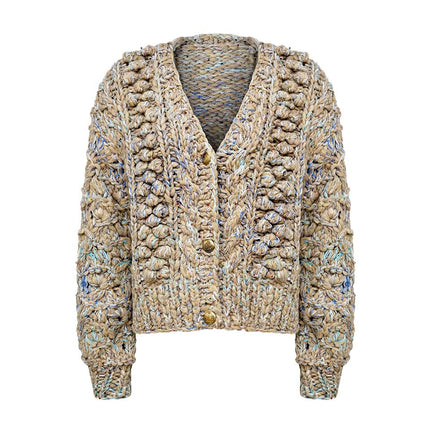 Beige cropped cable knit cardigan sweater with sequin accents for women