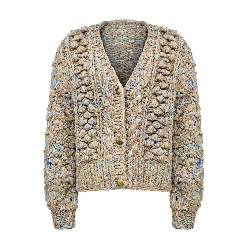 Beige cropped cable knit cardigan sweater with sequin accents for women