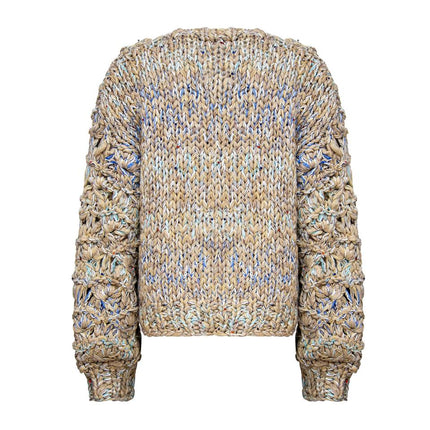 Beige cropped cable knit cardigan sweater with sequin accents and bubble sleeves for women