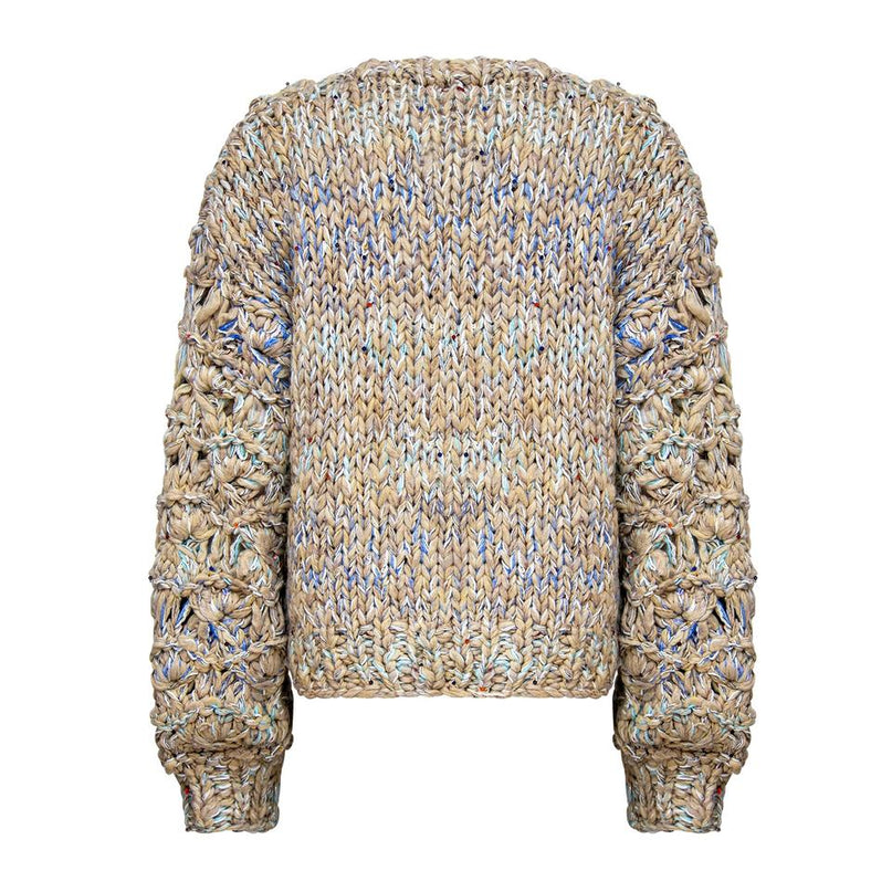Beige cropped cable knit cardigan sweater with sequin accents and bubble sleeves for women