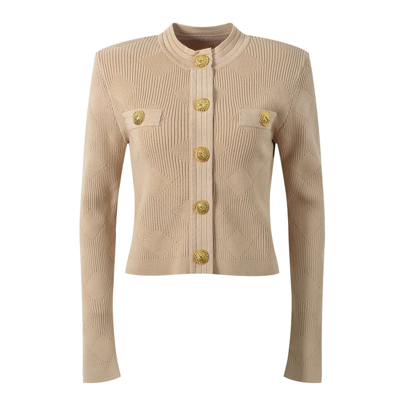 Beige Cropped Diamond Pattern Knit Blazer with Gold Lion-Head Buttons