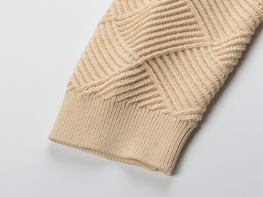 Beige cropped structured diamond pattern knit blend jacket with gold lion-head buttons