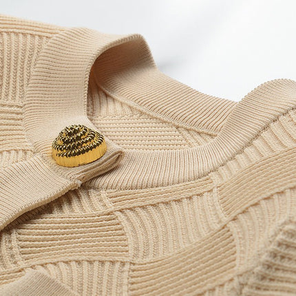 Beige cropped structured knit blend jacket with diamond pattern and gold lion-head buttons