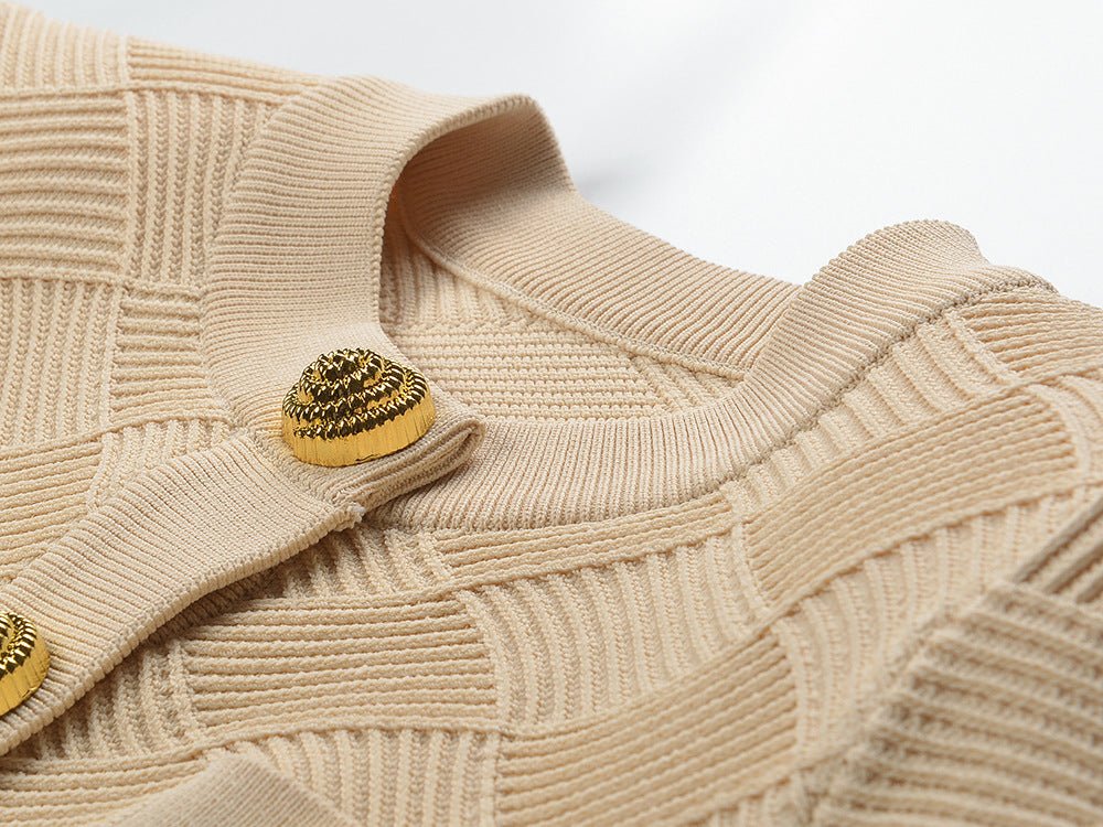 Beige cropped structured knit blend jacket with diamond pattern and gold lion-head buttons