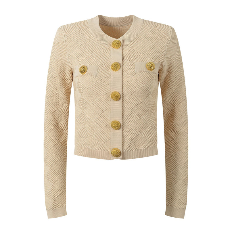 Beige cropped structured knit blend jacket with diamond pattern and gold lion-head buttons