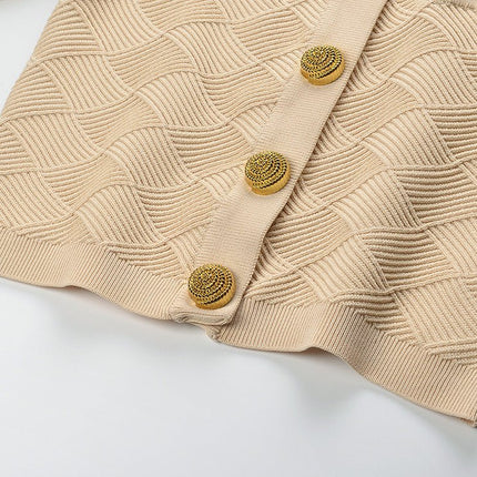 Beige cropped textured diamond pattern knit blend jacket with gold lion-head buttons