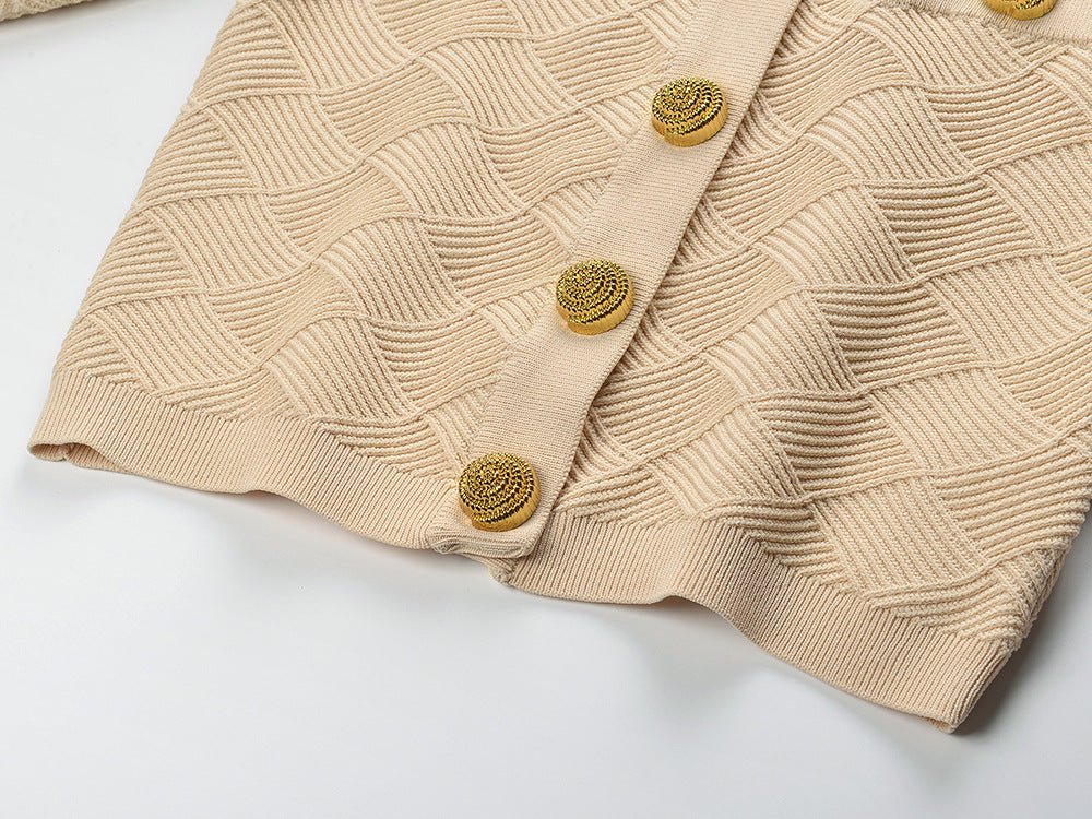Beige cropped textured diamond pattern knit blend jacket with gold lion-head buttons