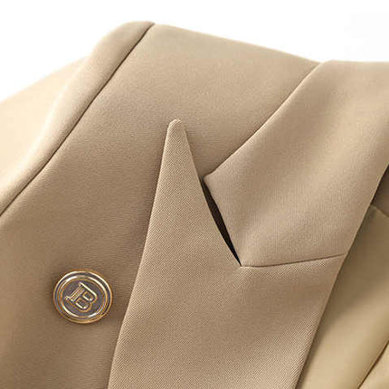 Beige double-breasted belted blazer with gold button accents