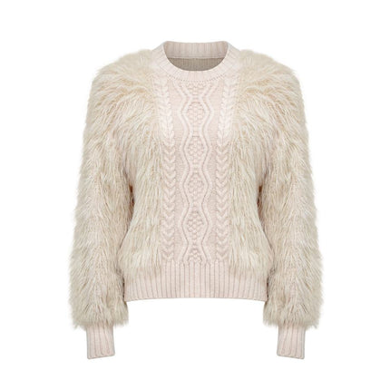 Women's Beige Luxury Norwegian Fur Trim Fluffy Thick Warm Winter Cable Knit Sweater