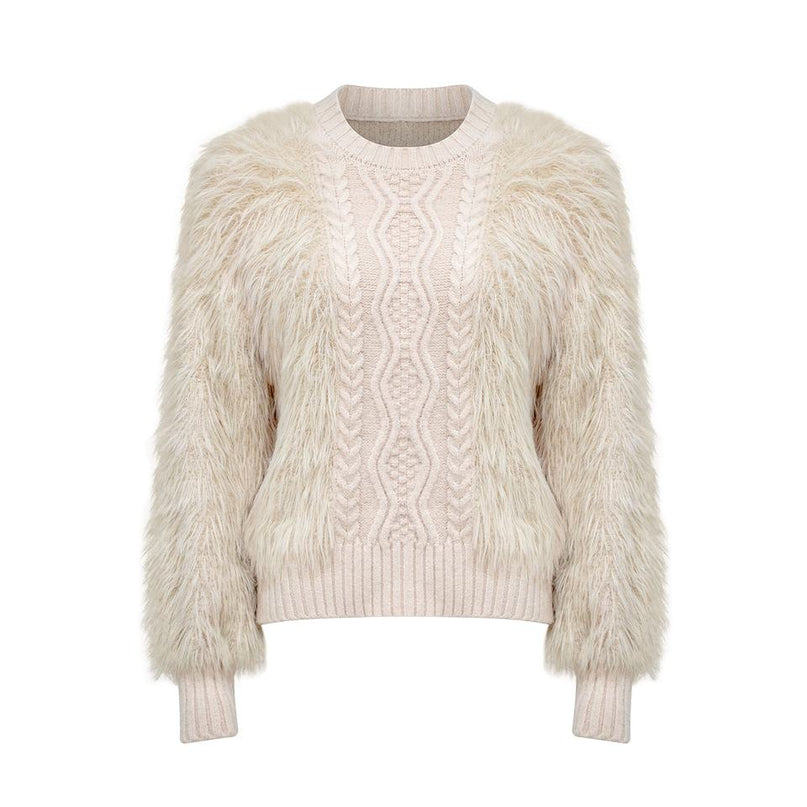 Women's Beige Luxury Norwegian Fur Trim Fluffy Thick Warm Winter Cable Knit Sweater