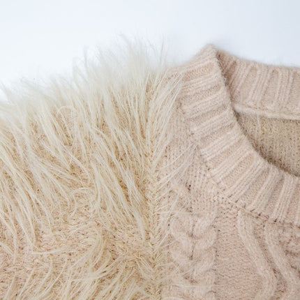 Beige Luxury Norwegian Fur Trim Fluffy Thick Warm Winter Cable Knit Womens Sweater