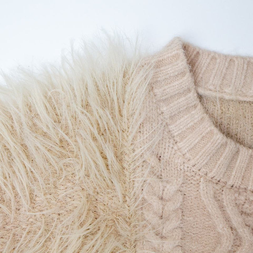 Beige Luxury Norwegian Fur Trim Fluffy Thick Warm Winter Cable Knit Womens Sweater