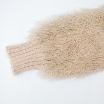 Women's Beige Luxury Norwegian Fur Trim Fluffy Thick Warm Winter Cable Knit Sweater