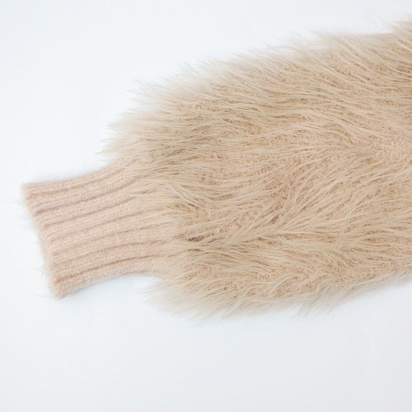 Women's Beige Luxury Norwegian Fur Trim Fluffy Thick Warm Winter Cable Knit Sweater
