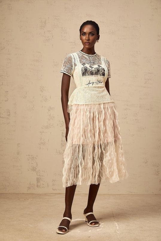 Beige midi dress with embroidered tulle fabric named Sandrine featuring delicate patterns and a feminine silhouette