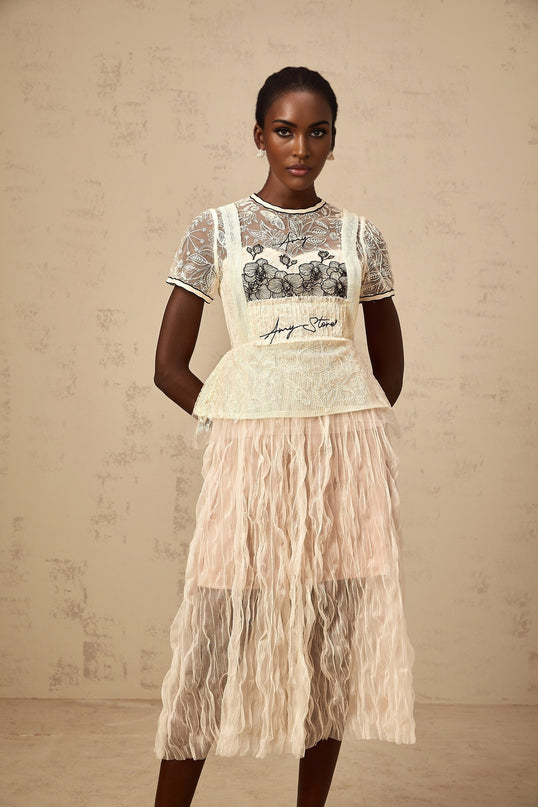 Beige midi dress with embroidered tulle fabric named Sandrine