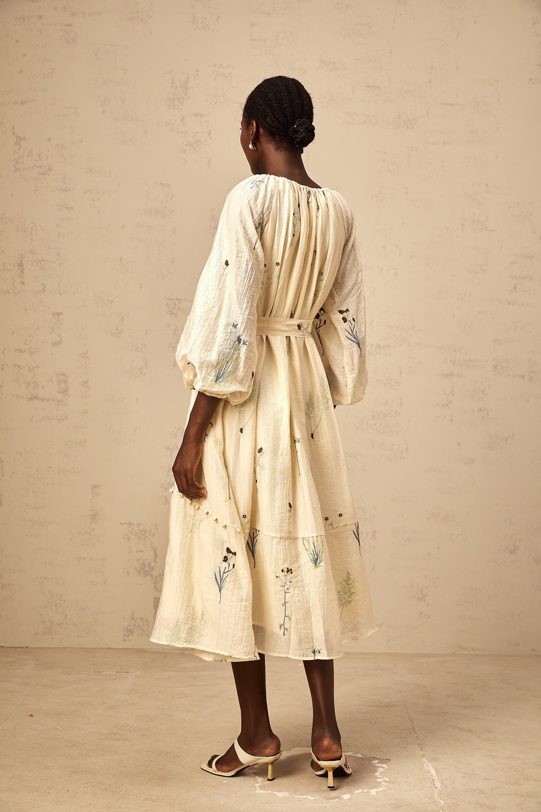 Beige midi dress with floral embroidery and beaded details featuring Uranie design