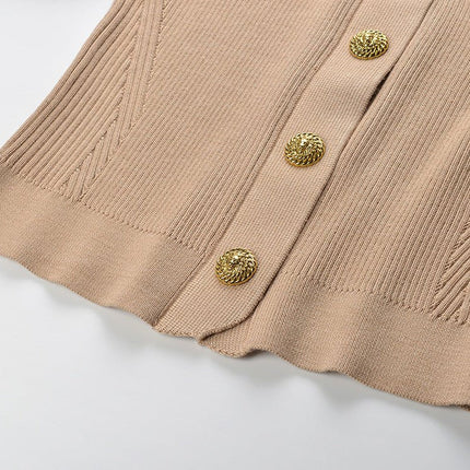 Beige Military-Inspired Ribbed Knit Jacket with Golden Buttons