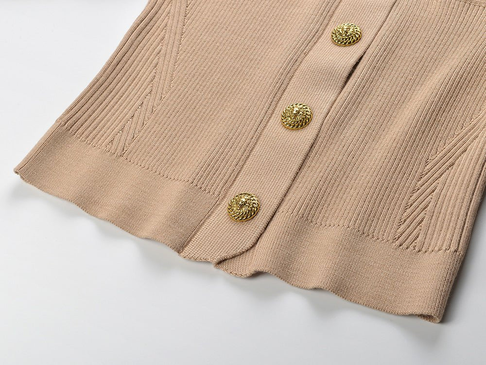 Beige Military-Inspired Ribbed Knit Jacket with Golden Buttons