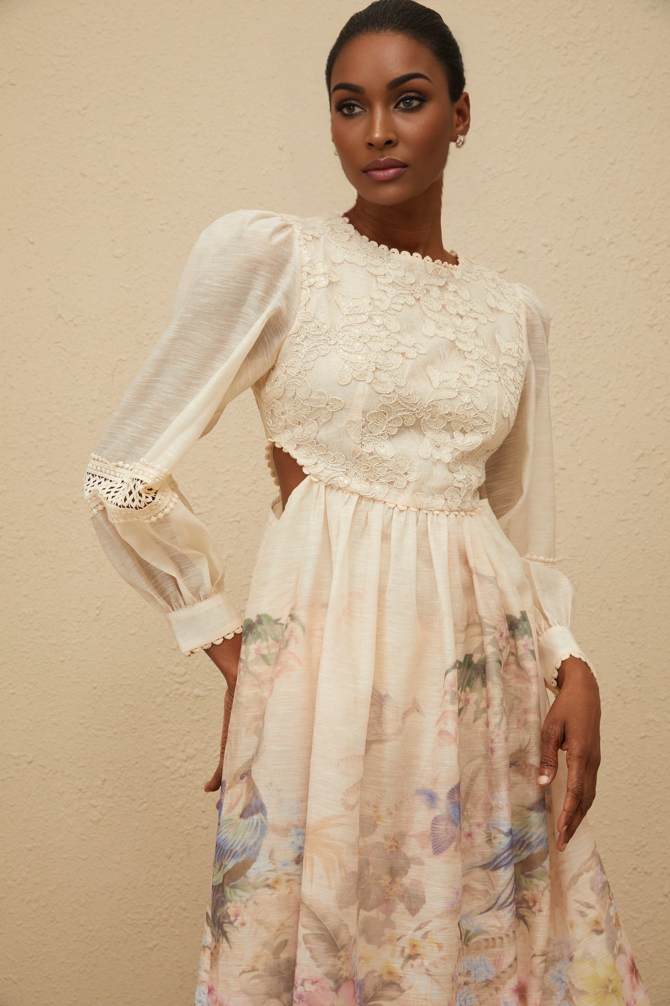 Beige Multicolor Floral Embroidered Midi Dress with Neutrals Sequin Detailing