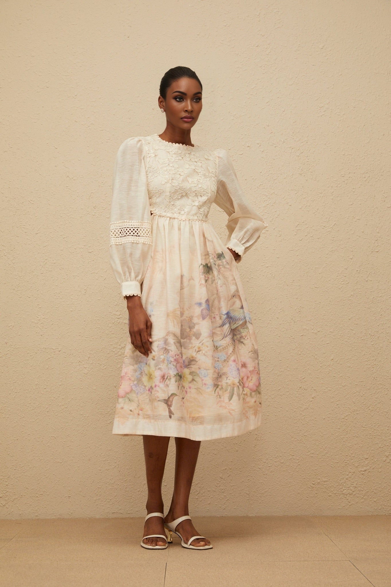 Beige and multicolor floral embroidered midi dress with long puff sleeves and sequin detailing