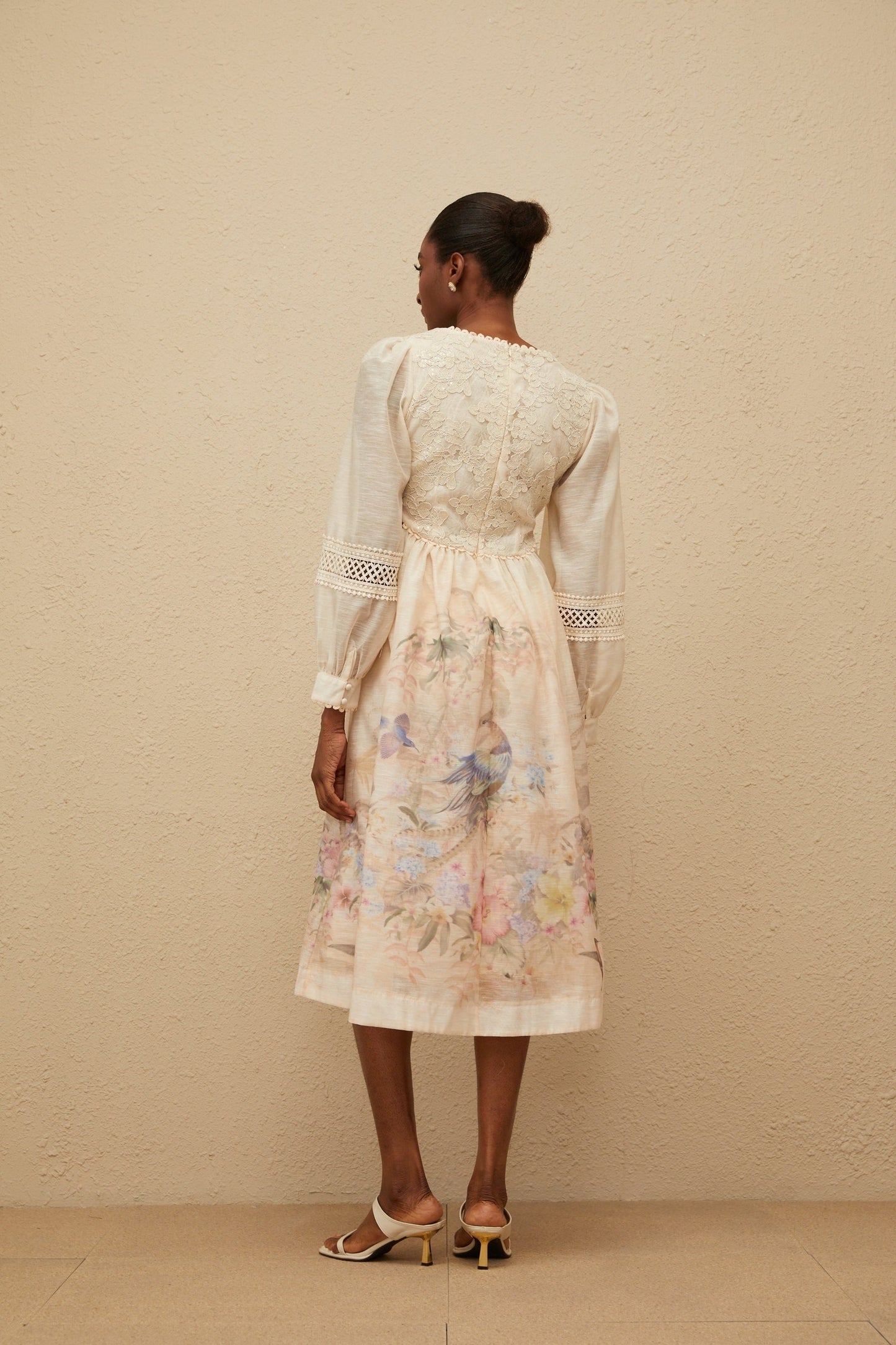 Beige and Multicolor Floral Print Midi Dress with Neutrals Sequin and Embroidered Detailing