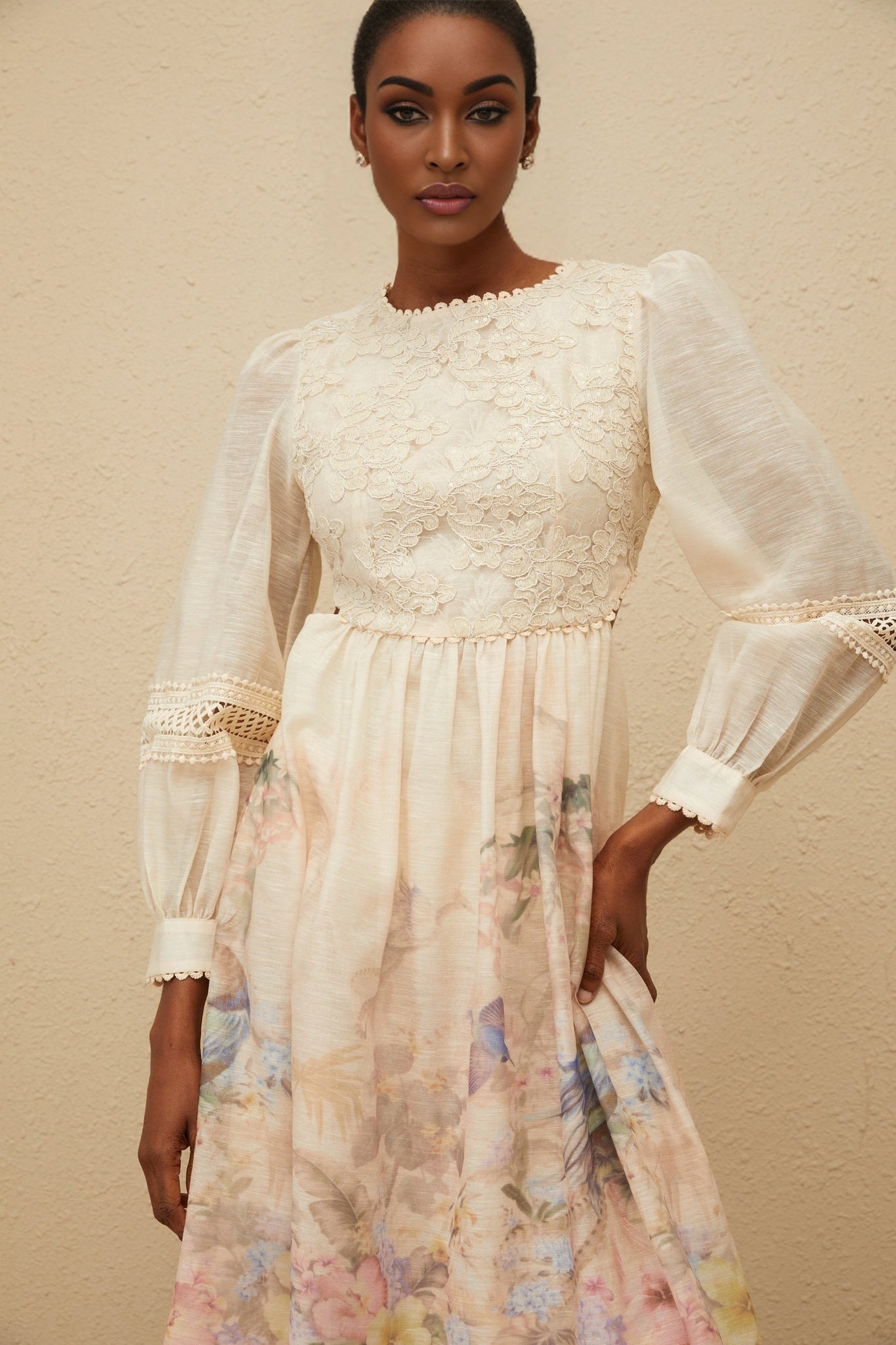 Beige and Multicolor Floral Print Midi Dress with Neutrals and Sequin Detailing
