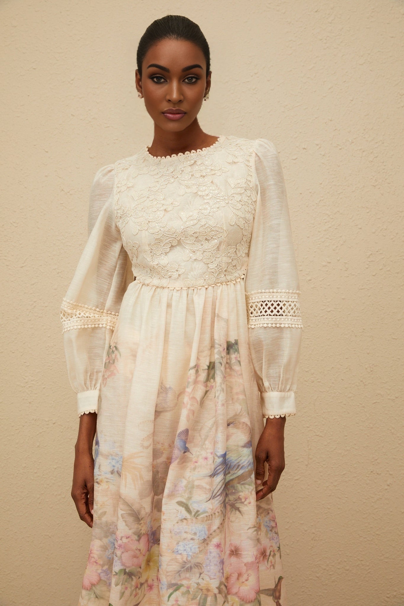 Beige and Multicolor Floral Print Midi Dress with Neutrals, Long Puff Sleeves and Sequin Detailing