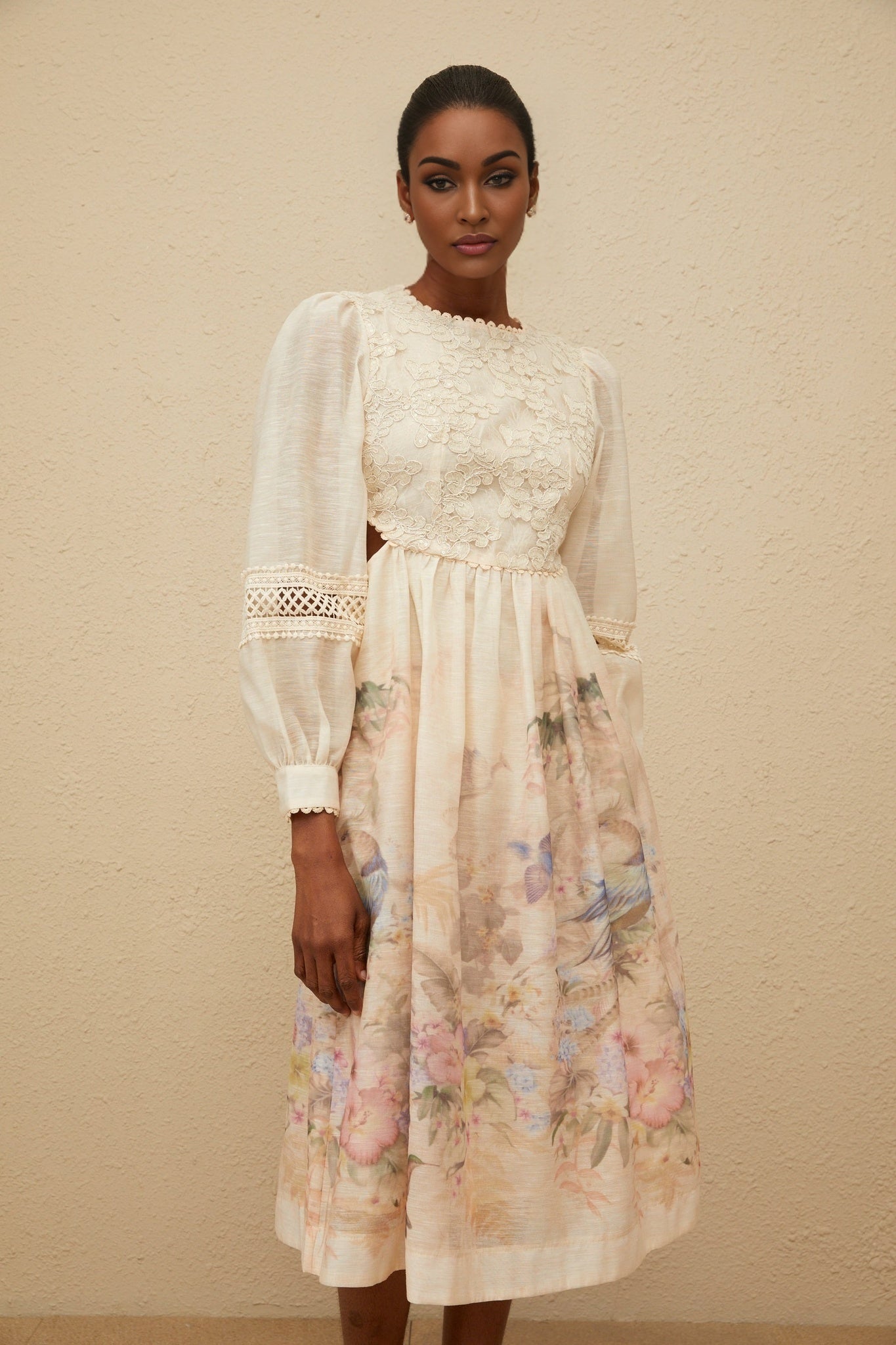 Beige and Multicolor Floral Print Midi Dress with Neutrals, Long Puff Sleeves, and Sequin Detailing