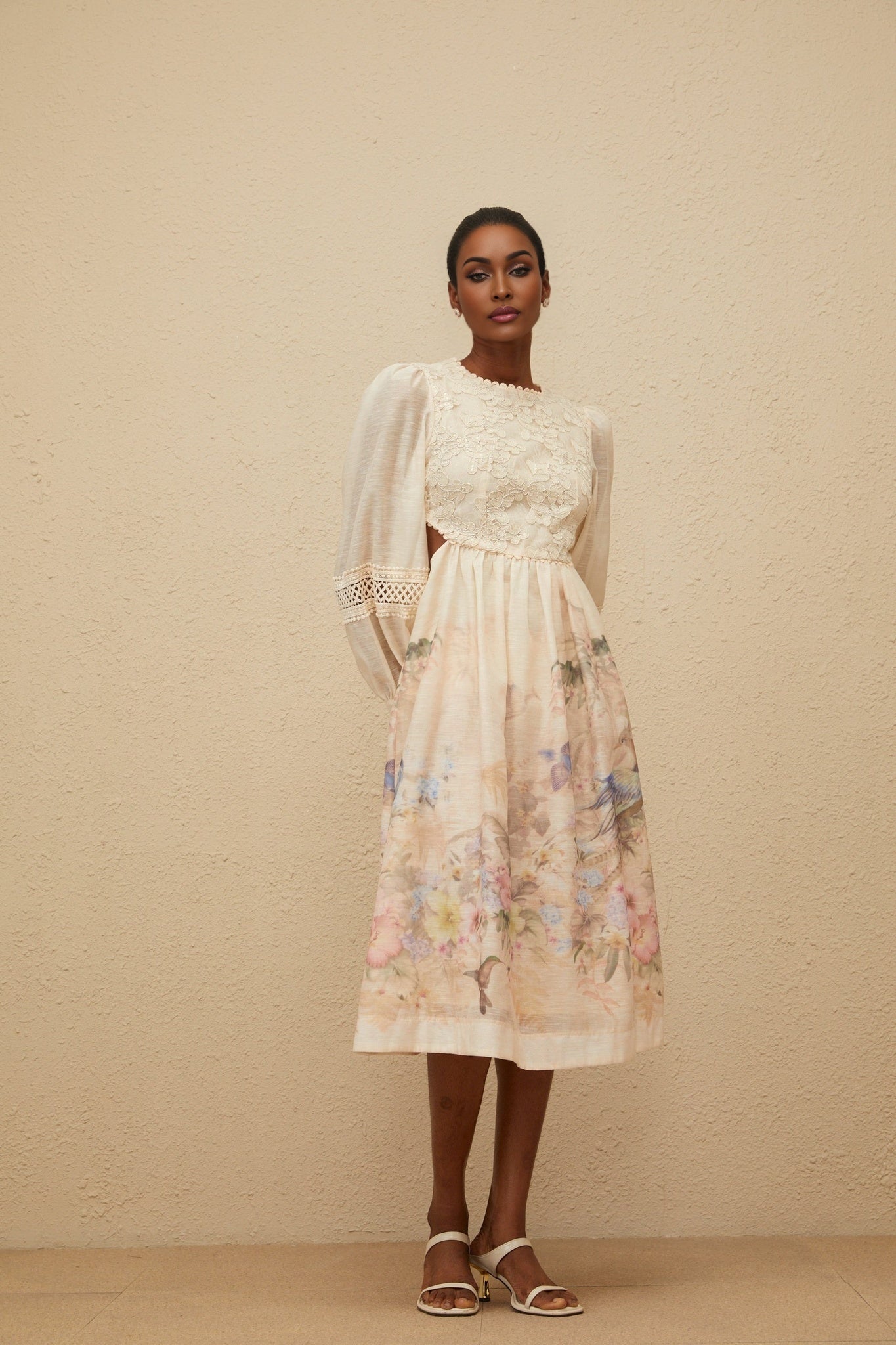 Beige and Multicolor Floral Print Midi Dress with Puff Sleeves and Sequin Detailing
