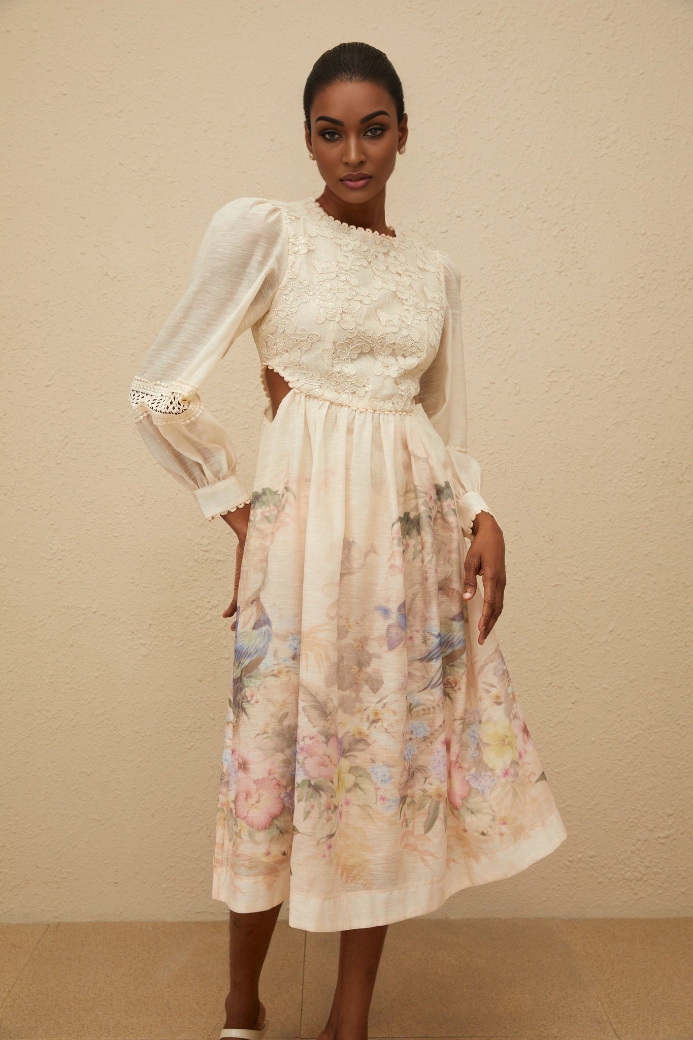 Beige and Multicolor Floral Print Puff Sleeve Dress with Sequin Detailing and Cinched Waist in Neutrals