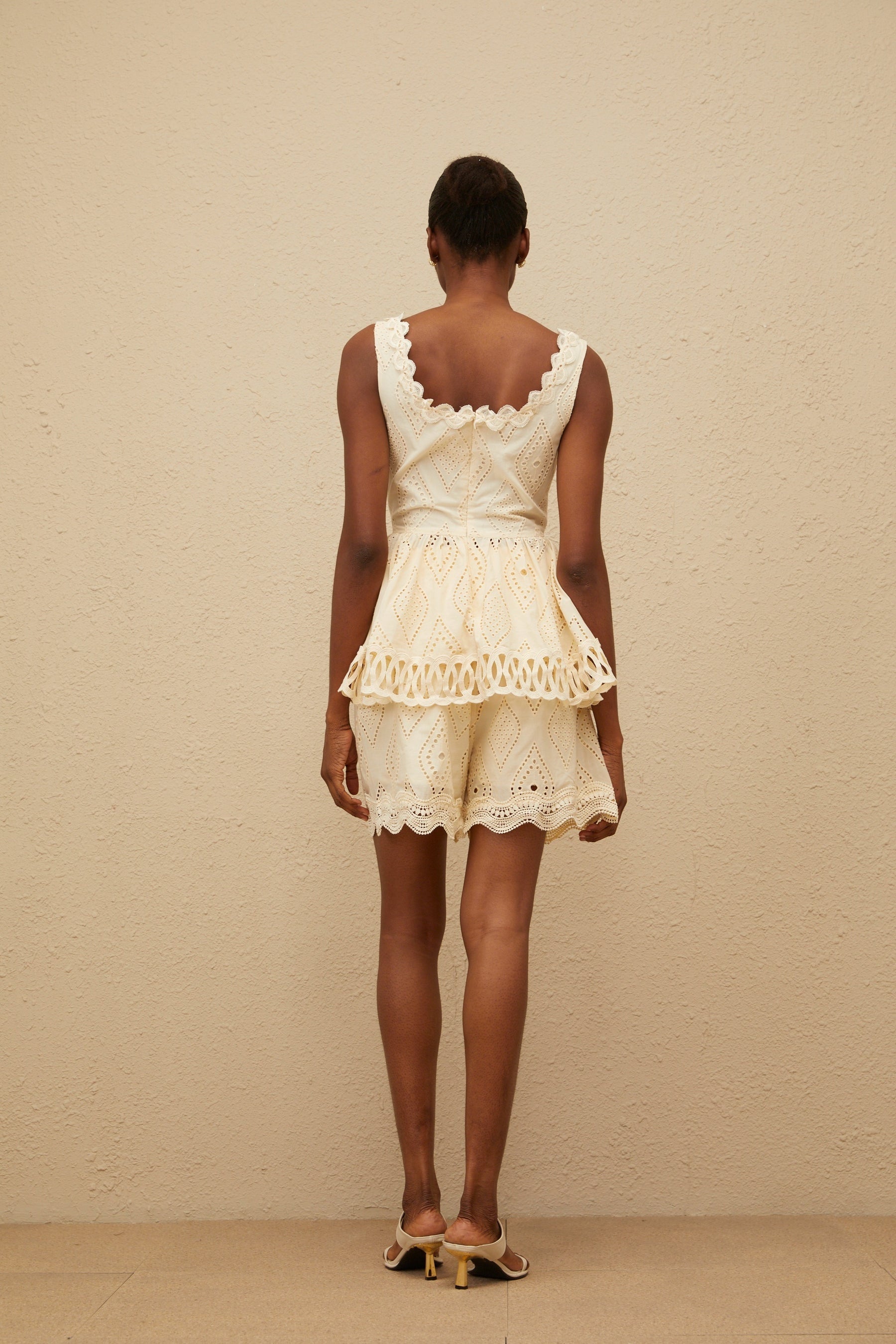 Beige Neutrals Square Neck Sleeveless Peplum Top and Shorts Set with Embroidered Detailing and Lace Trim