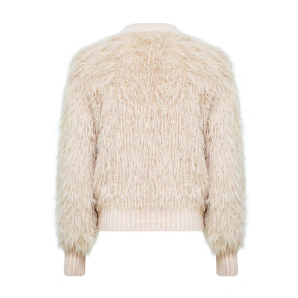 Women's Beige Norwegian Fur Trim Fluffy Thick Warm Winter Cable Knit Sweater