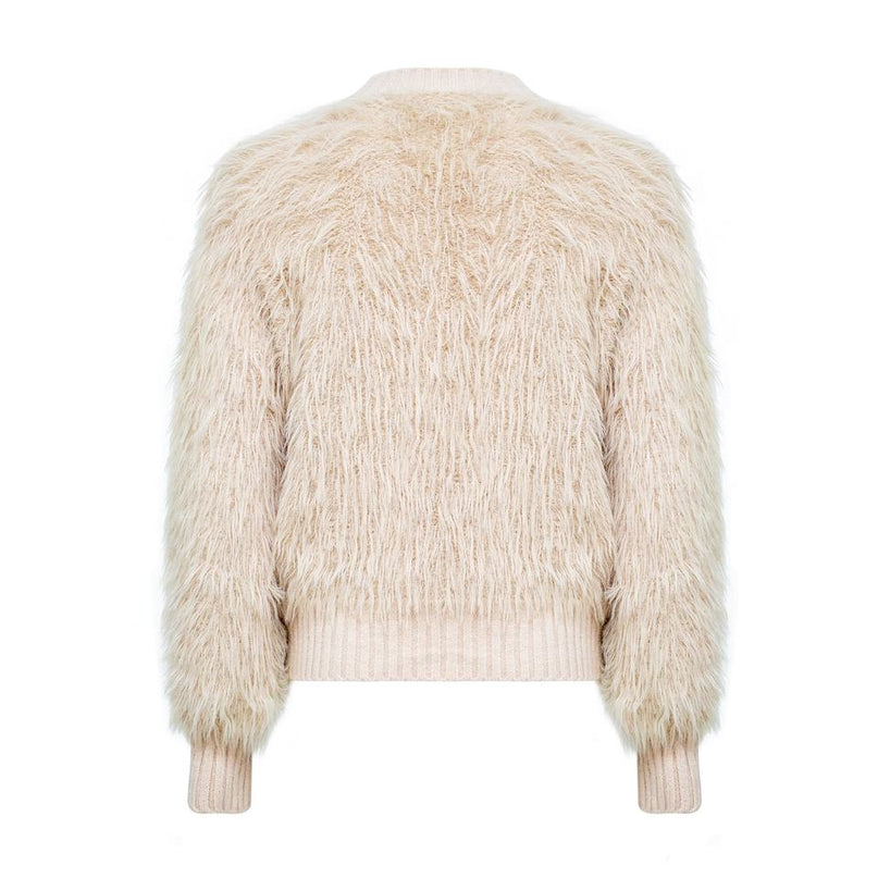 Women's Beige Norwegian Fur Trim Fluffy Thick Warm Winter Cable Knit Sweater